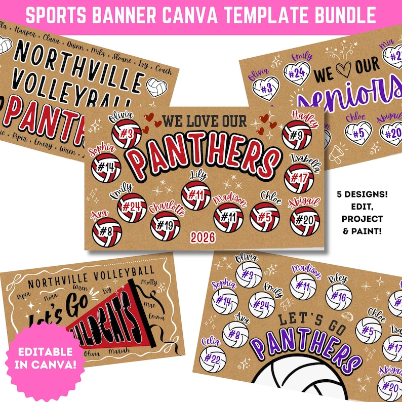 May include: A collection of sports banner templates for volleyball teams. The designs feature team names, player names, and volleyball graphics in red, black, and white on a kraft paper background. Text includes "We Love Our Panthers" and "Let's Go Wildcats".