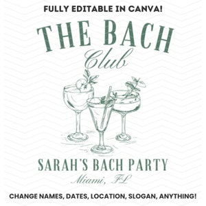 Może przedstawiać: Zielono-białe zaproszenie na wieczór panieński do wydrukowania z tekstem "The Bach Club" i "Sarah's Bach Party" oraz rysunkiem trzech drinków. Tekst na dole brzmi "Miami, FL" i "Zmień imiona, daty, lokalizację, hasło, wszystko!"
