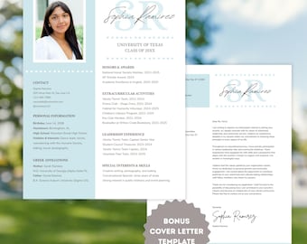 Plantilla de currículum de Canva para hermandad, paquete de reclutamiento editable en azul y blanco con foto, carta de presentación con estilo griego, documento urgente con estilo.