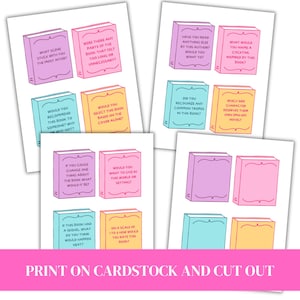 Op de afbeelding: Kaarten met vragen over boeken in verschillende kleuren, waaronder paars, roze, geel en blauw. Elke kaart bevat een boekillustratie en een vraag zoals "Welke sc&egrave;ne is je het meest bijgebleven?" De tekst onderaan luidt "Print op karton en knip uit."
