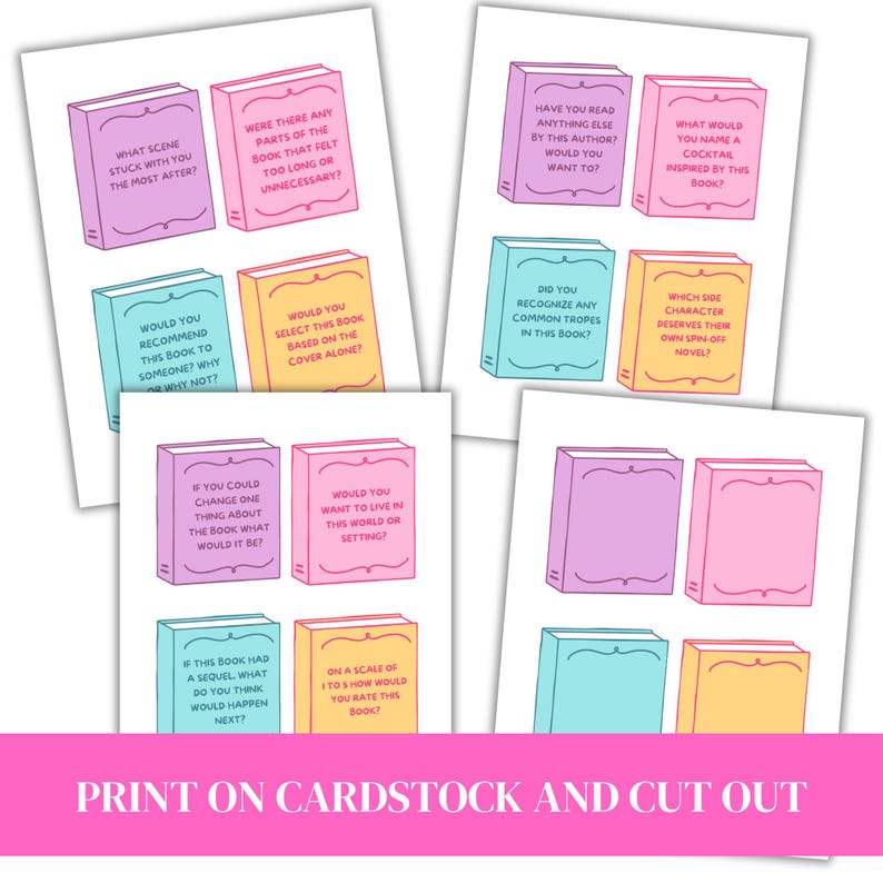 Op de afbeelding: Kaarten met vragen over boeken in verschillende kleuren, waaronder paars, roze, geel en blauw. Elke kaart bevat een boekillustratie en een vraag zoals "Welke sc&egrave;ne is je het meest bijgebleven?" De tekst onderaan luidt "Print op karton en knip uit."