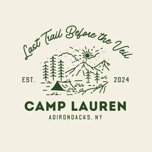 Letzter Weg vor dem Schleier Logo Canva Template bearbeitbar Camp Bach Logo Junggesellinnenparty Camp Shirts Braut Camp Name Thema Abenteuer Braut