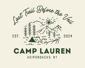 Last Trail Before the Veil-logo canvassjabloon bewerkbaar kamp Bach-logo vrijgezellenfeest kamp shirts bruid kamp naam thema avontuur bruid