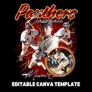 May include: A red and white graphic design with the text "Panthers Baseball" and "Mason Carter" with four baseball players in action. The design is set against a black background with yellow lightning bolts.