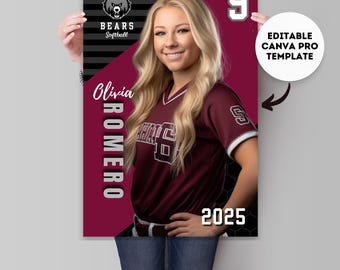 Softball Poster Template Senior Night Girls Soft ball Ladies Sports Poster Editable Canva Template Basketball Sports Customizable Softball