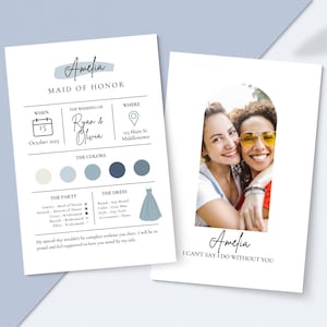 Brautjungfer Info Karte bearbeitbare Canva Vorlage Doppelseitig Blaue Kleider Thema Ankündigung Willst du meine Brautjungfer sein Information Card