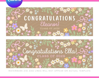 Floral Graduation Banner Canva Template DIY Painted Butcher Paper Editable 2x6 Customizable Mockup