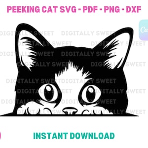 May include: Black and white silhouette of a cat peeking over a surface. The cat has large eyes and a cute expression. The image is a digital download.