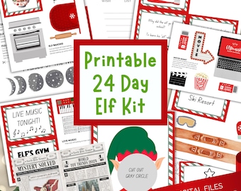 May include: Printable 24-day Elf Kit with a red and green color scheme. The kit includes a variety of activities for kids, such as elf baking, movie night, and ski resort. The kit also includes a cut-out elf face with a gray circle for a child to put their face in.