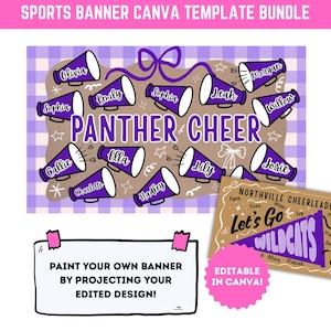 Op de afbeelding: Een digitale sjabloonbundel voor sportbanners. Het ontwerp bevat paarse en witte cheerleading megafoons met namen, de tekst "PANTHER CHEER" en een banner "Let's Go Wildcats". Bevat instructies om te bewerken in Canva.