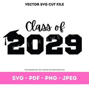 以下が含まれることがあります： 卒業帽子のシルエットと「Class of 2029」の文字。黒と白で描かれています。