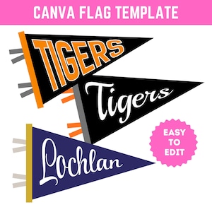 May include: Three triangular pennant flags with the words "TIGERS" and "Lochlan" in a script font. The top flag is black with orange text, the middle flag is black with white text, and the bottom flag is navy blue with white text. The text "CANVA FLAG TEMPLATE" is at the top.