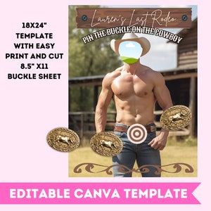 Cowboy Bach Party Game Pin The Buckle On The Hunk Divertente gioco per feste di addio al nubilato Aggiungi il volto dello sposo Modello Canva Giochi di festa facili per cowboy