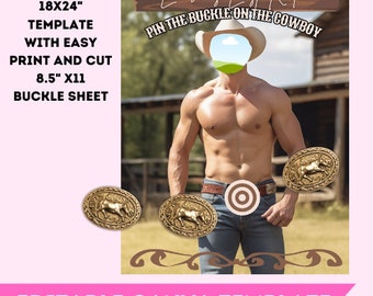 Cowboy Bach Party-spel Pin The Buckle On The Hunk Roligt Möhippa-spel Lägg till brudgummens ansikte Canva-mall Enkla partyspel för cowboys