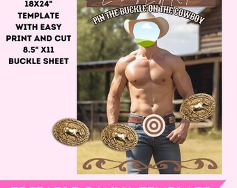 Cowboy Bach Party Game Pin The Buckle On The Hunk Funny Bachelorette Party Game Add Grooms Face Canva Template Easy Party Games for Cowboys