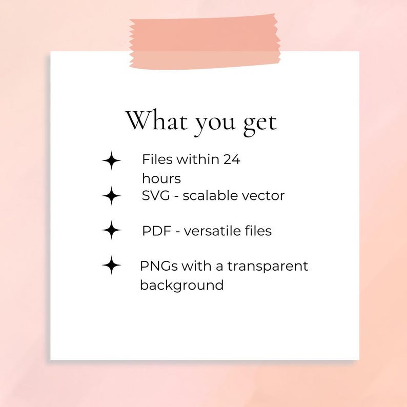 Puede incluir: Una nota blanca con texto negro que dice "What you get" y enumera lo siguiente: "Files within 24 hours", "SVG - scalable vector", "PDF - versatile files" y "PNGs with a transparent background".