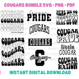 Cougar Designs Cut Files SVG Clipart Bundle Fall Sports School Cougars Mascot Designs 10 unique designs Parent Wear Student Apparel PNG PDF