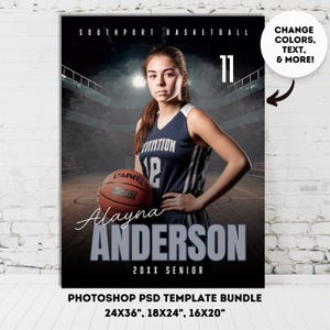 Modèle d'affiche photoshop pour le sport senior de nuit Modèle d'affiche modifiable à télécharger pour le basket-ball Photo d'équipe personnalisable pour la conception sportive des diplômés