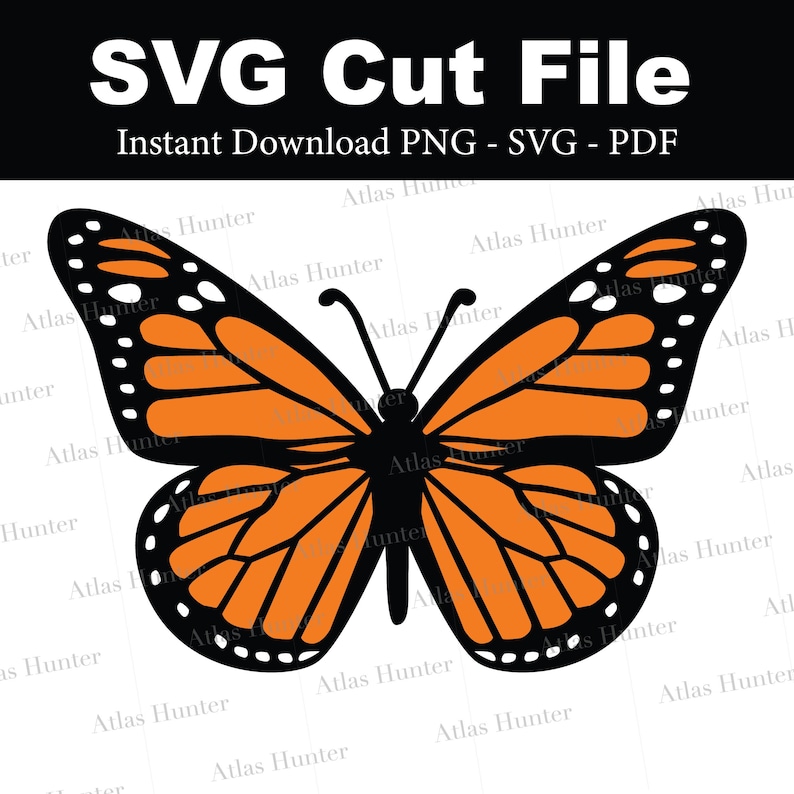 May include: A black and orange monarch butterfly silhouette with white spots. The butterfly is in a flying position with its wings spread out.