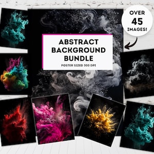 May include: A collection of over 45 abstract background images featuring colorful smoke and powder explosions against a black background. The images are poster sized and 300 DPI.