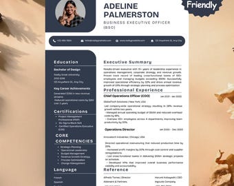 May include: A professional resume template with a navy blue and white design. The resume includes sections for education, key achievements, certifications, core competencies, and professional experience. The resume also includes contact information and references.