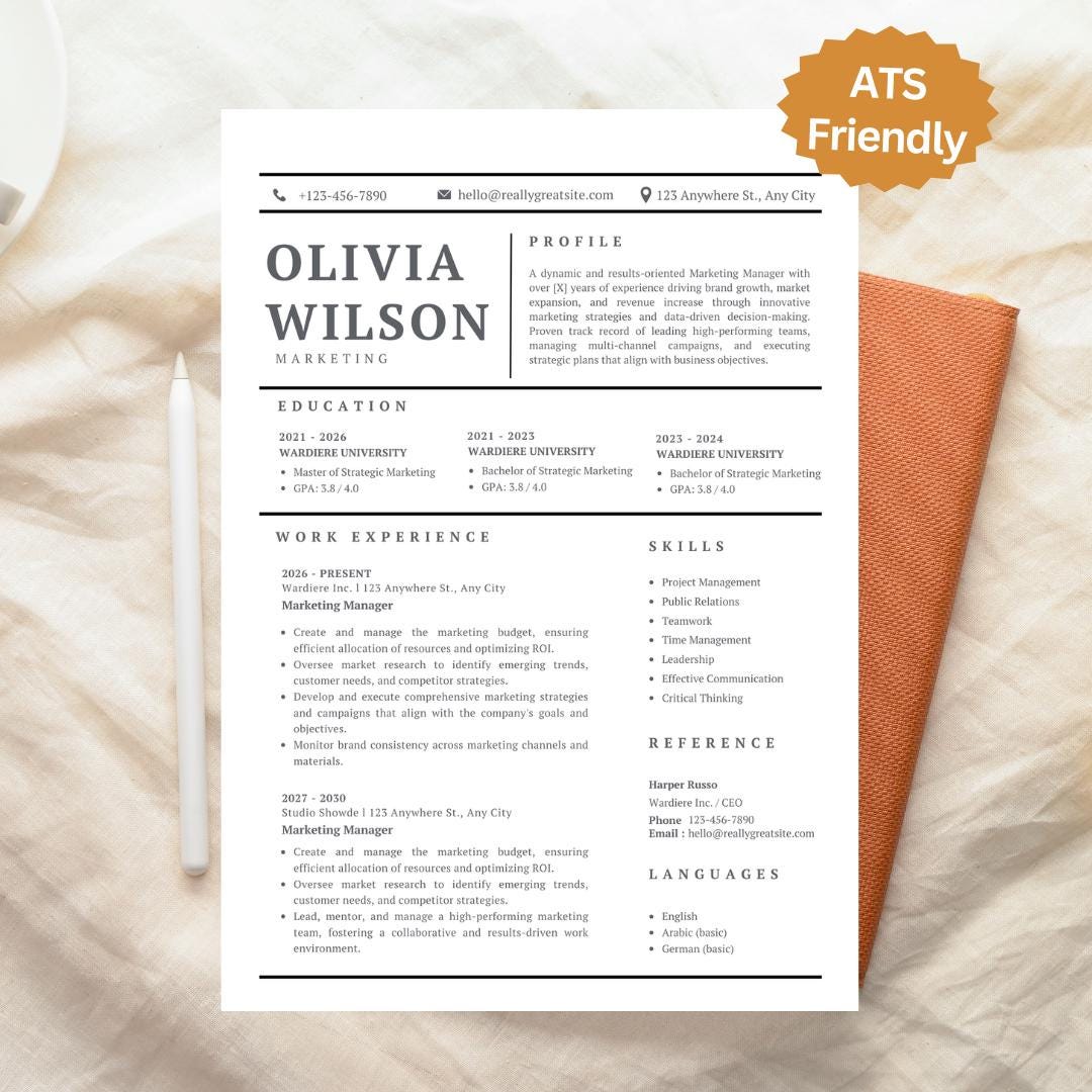 ATS Friendly Resume Template | Professional CV (word, Google Docs) - Etsy