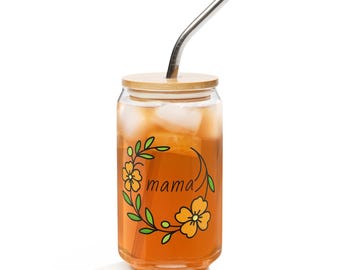 MAMA Flowers Glass Cup with Lid & Straw | 16oz Glass Tumbler | Mothers Day Gift