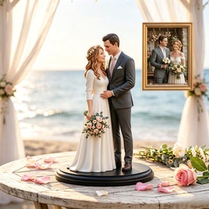 May include: A wedding cake topper featuring a figurine of a person in a white gown with a floral crown and a bouquet of pink roses, standing beside a person in a grey suit with a pink tie. A framed photograph of the couple is displayed nearby.