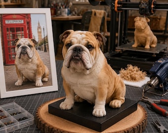 Hondenbeeldje op maat gemaakt van een foto, met gelaagde dieptegravure en handgemaakt huisdierportret.