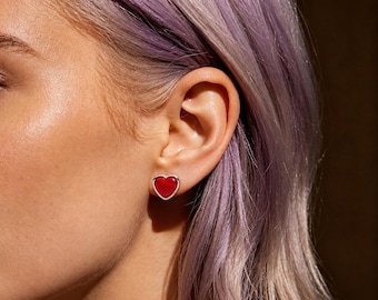 Rose Red Murano Heart Stud Earrings,birthday gift,gift for love