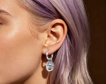 Sterling Silver Acorn And Leaf Hoop Cz Earrings,birthday gift,gift for love