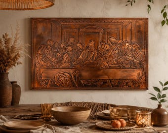 May include: A rectangular copper-toned metal wall art piece featuring a relief depiction of The Last Supper, showing a central figure seated at a long table with twelve individuals, rendered in a warm metallic finish with dark patina accents.