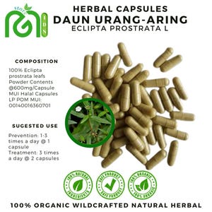 May include: An image of herbal capsules, with the text "DAUN URANG-ARING ECLIPTA PROSTRATA L". The capsules are olive-green. The image also includes a plant illustration and text detailing the product's composition, usage, and organic certification.