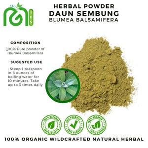 May include: Image of herbal powder with text: "HERBAL POWDER DAUN SEMBUNG BLUMEA BALSAMIFERA". A circular inset shows a green plant. Text reads "100% ORGANIC WILDCRAFTED NATURAL HERBAL". The powder is a light brown colour.