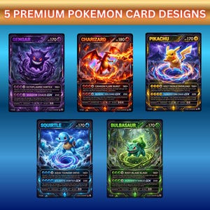 May include: Five premium Pokemon trading cards featuring Gengar, Charizard, Pikachu, Squirtle, and Bulbasaur. Each card displays detailed character artwork, HP values, attack names like Ectoplasmic Vortex and Crimson Flare Burst, and GX moves.