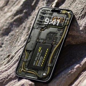 Puede incluir: Un smartphone con un diseño interno detallado, con una batería etiquetada como "UNIT ARC-24B" con una capacidad de 8500mAh. La pantalla muestra la hora 9:41 el miércoles 9 de septiembre. El teléfono está sobre un fondo rocoso texturizado.