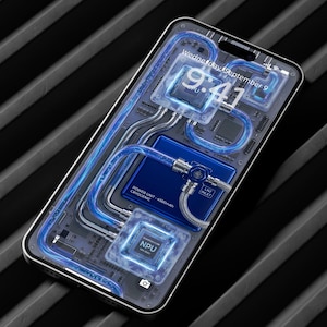 Może przedstawiać: Smartfon z przezroczystym ekranem wyświetlającym komponenty wewnętrzne. Ekran pokazuje godzinę, datę i różne części wewnętrzne, w tym jednostkę zasilania, NPU i system kriogeniczny. Telefon ma srebrną ramkę.