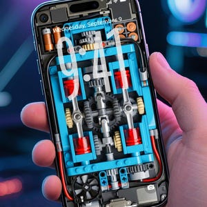 Puede incluir: Un smartphone con un diseño detallado del mecanismo interno. La pantalla muestra la hora 9:41 y la fecha miércoles 9 de septiembre. Los componentes internos son azules, rojos y dorados, con un marco negro.