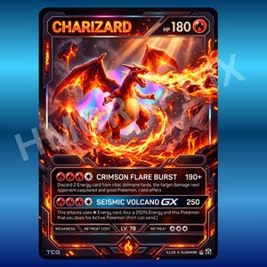 May include: A Charizard trading card with 180 HP, featuring a central orange dragon breathing fire amidst a volcanic landscape. The card displays the attacks Crimson Flare Burst and Seismic Volcano GX, with level 78 indicated at the bottom.