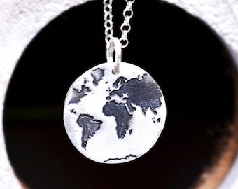 Dainty Silver World Map Necklace , Handmade Delicate Travel Charm , Minimalist Unique Travelers Gift, Present for Girlfriend Sister Daughter