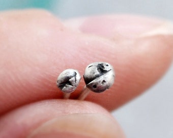 Oxidized Sterling Silver Ball Stud Earrings - Mismatched Rustic Pebble Posts