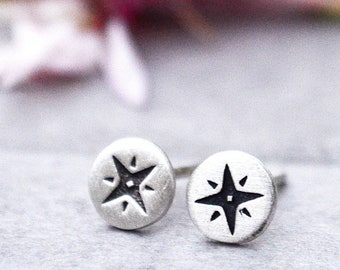 Oxidized Earrings,Compass Earrings,Silver Studs Gift,Travel Gift,Oxidized Jewelry,Compass Jewelry,Compass Sign Studs/Last-Minute Christmas