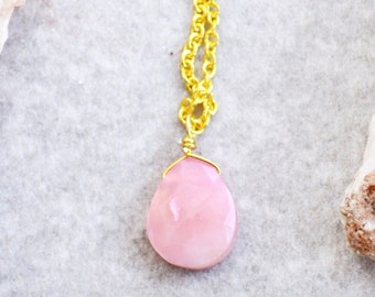 Pink Opal Gemstone Necklace, Pastel Pink Quartz Teardrop, Natural Pale Peruvian Opal Crystal, Gold October Birthstone Jewelry Gift For Her