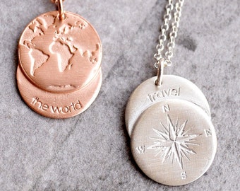 Handmade Wayfarer Gift , Dainty Daughter Present , Unique Fine Traveler Jewelry , World Map and Compass Pendant Wanderers , Minimalist Charm