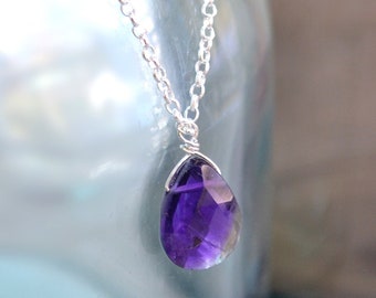 Amethyst Teardrop Sterling Silver Gemstone Necklace, Small Dainty Natural Raw Stone Pendant, Crystal Birthstone Personalized Birthday Gift