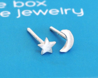 Handmade Moon Star Mismatched Earrings, Silver Minimalist Studs, Celestial Cosmic Gold Statement Jewelry, Perfect Present For Her, Half Moon