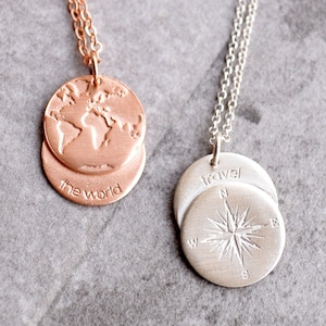 Engraved Compass Rose Necklace - Sterling Silver Travel Pendant