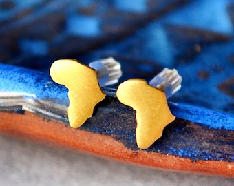 Gold Africa Map Stud Earrings: Ethnic African Jewelry