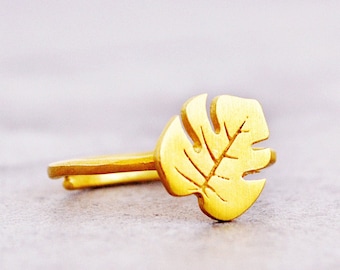 Gold Monstera Leaf Ring, Handmade Banana Palm Minimalist Gift, Unique Tropical Plant Summer Jewelry Ficus Botanical Hawaiian Jungle Leaves