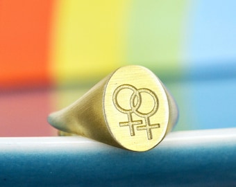 Lesbian Pride Signet Ring - LGBT Gold or Sterling Silver, Adjustable